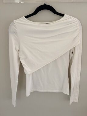 Anthropologie White Asymmetric Draped Long-Sleeve Top